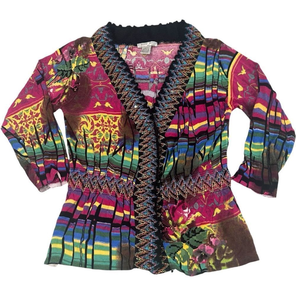 Albert Makali M Multicolor Boho Chic Snap Button Cardigan Bold Art Colorful - Picture 1 of 6